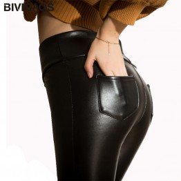 2016 Winter New Soft Cashmere Warm PU Leather Pants Back Pocket Elastic Slim Skinny Leather Leggings High Waist Trousers Women