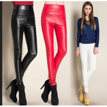 2017 Thicken Winter PU Leather women pants high waist elastic fleece stretch Slim woman pencil pants candy colors free shipping32575976192