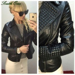 Faux Leather Jacket Women Stud/rivet Moto Biker Zip Coats chaqueta Blazer PU Jack jaqueta couro Rock cuir femme casaco 2016