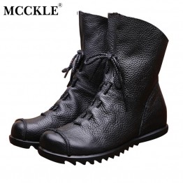 MCCKLE 2017 Women fashion Vintage Genuine Leather Boots Spring Autumn New Fashion Platform Ankle Boots Casual Cowboy Boots Shoes