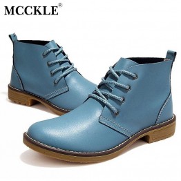 MCCKLE Woman fashion  Motorcycle Ankle Boots Genuine Leather lace up vogue Casual Shoes For Woman Vintage High Top J4359