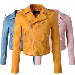 New Arrival 2017 brand Winter Autumn Motorcycle leather jackets yellow leather jacket women leather coat  slim PU jacket Leather
