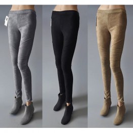 Original Design Spring Autumn Women Vintage Slim Suede Ribbed Pants Skin Faux Leather Skinny Pleated Trousers